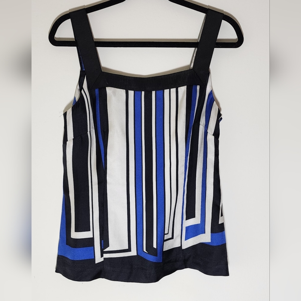 Ann Taylor sleevesless silky blue black& white top/blouse